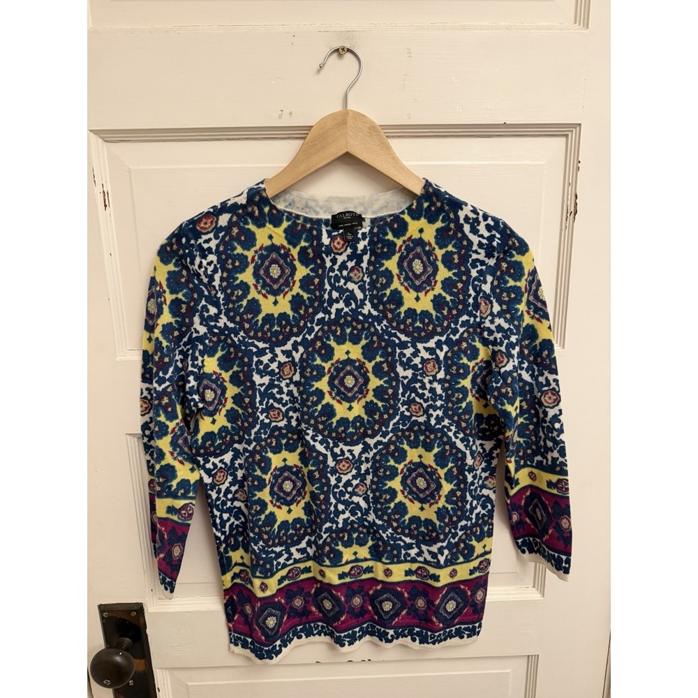 Talbots Women's Teal Blue Yellow Medallion Merino Wool Sweater Size Small Petite
